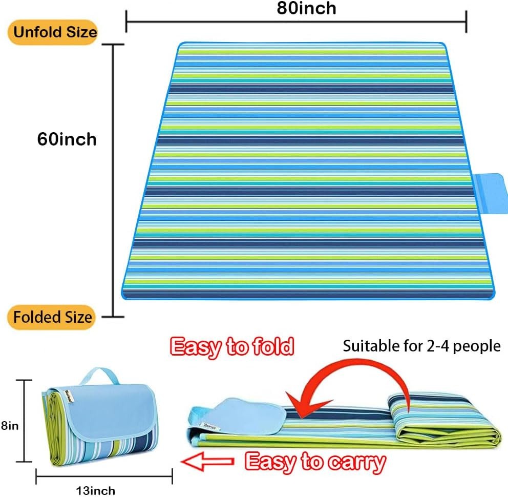 Picnic beach blanket, picnic mat, 80x60 inches, waterproof and foldable
